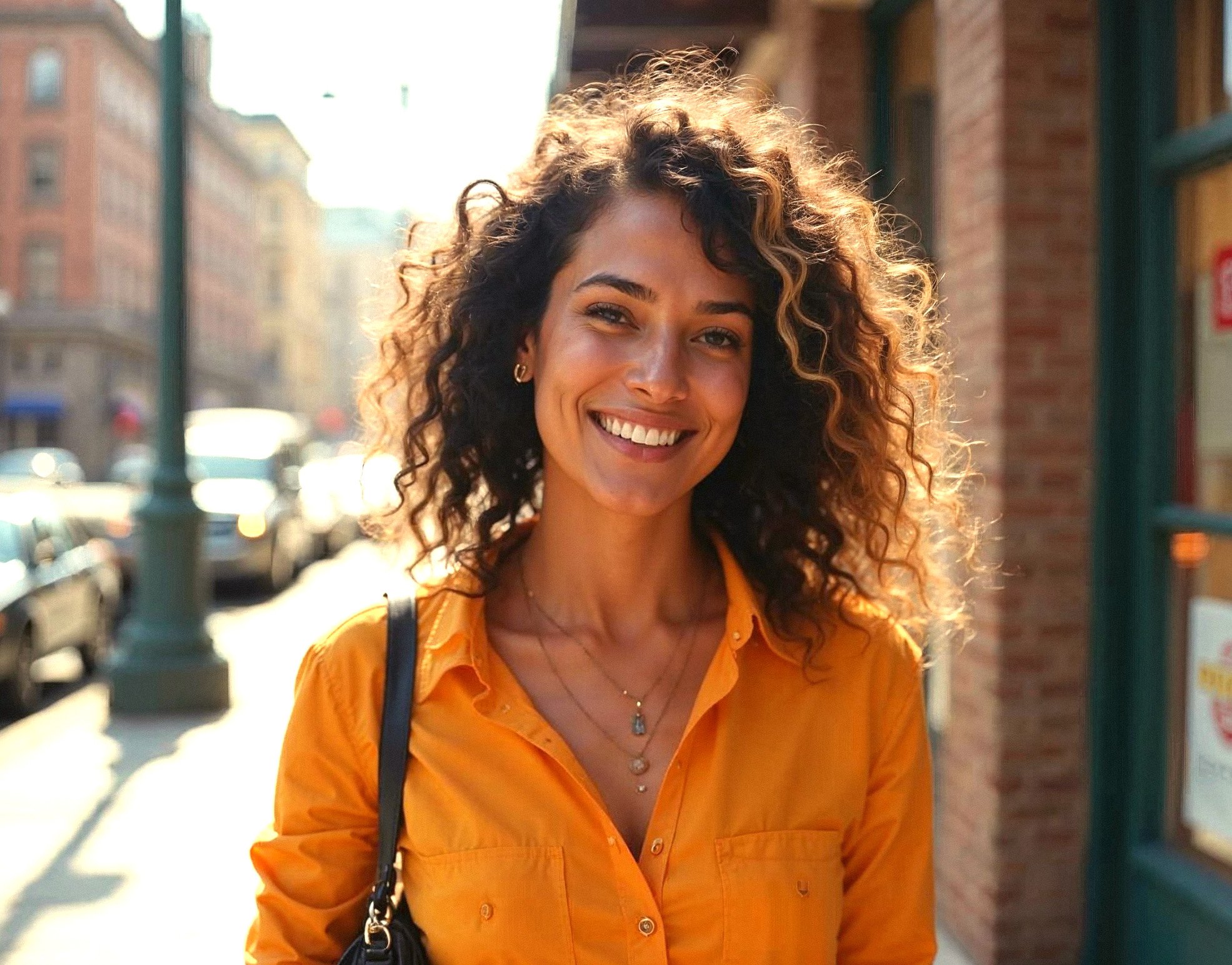 Smiling young woman with curly hair wearing an orange button-up shirt, standing on a city sidewalk