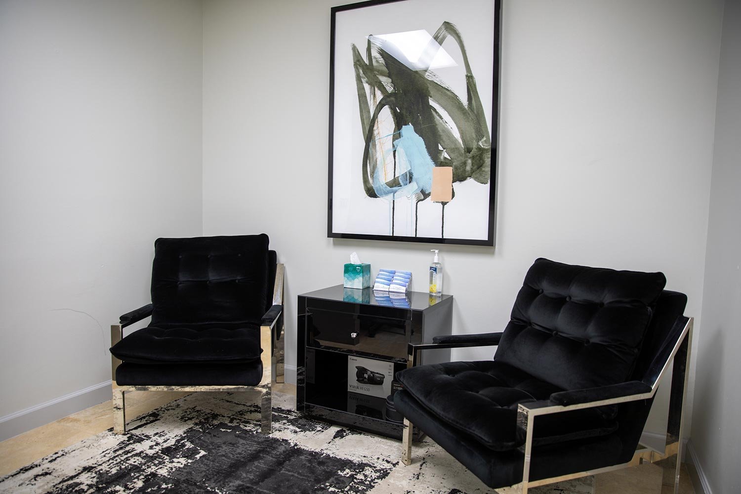 A modern waiting room with two black velvet armchairs with chrome frames, a black side table with tissues and hand sanitizer, an abstract painting on the white wall, and a black and white rug on the floor.